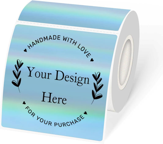 Holographic Square Thermal Labels Stickers 3" x 3", Square Direct Thermal Stickers Labels, Glitter Self-Adhesive Thermals Label for Small Business- Holographic Blue