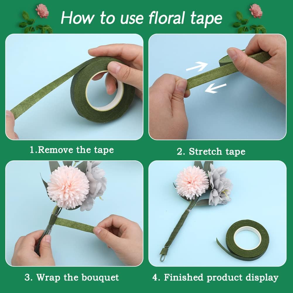 6 Rolls Floral Tape, 1/2" by 180 Yard Green Flower Tape, Flower Tape for Bouquet Stem Wrap Floral Arranging Craft Projects Corsages, Wedding Bouquet