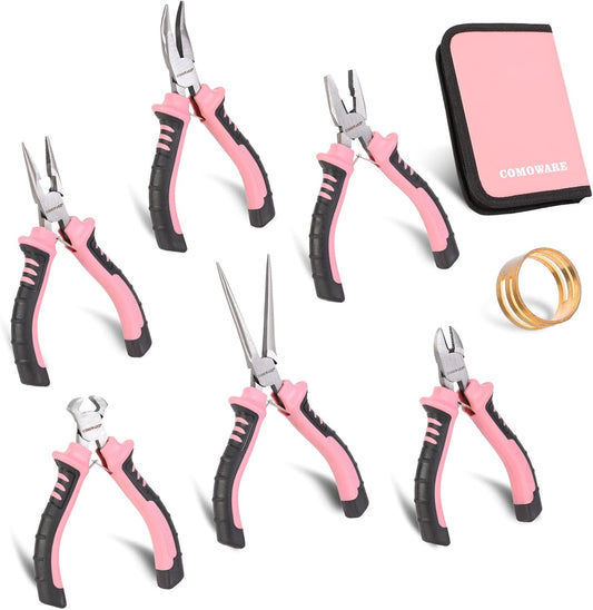 COMOWARE 6-Piece Mini Pliers Set, Needle Nose, Long Nose, Bent Nose, Diagonal, End Cutting and Linesman, for Crafts Work, Electronic Repair, with Pink Pouch