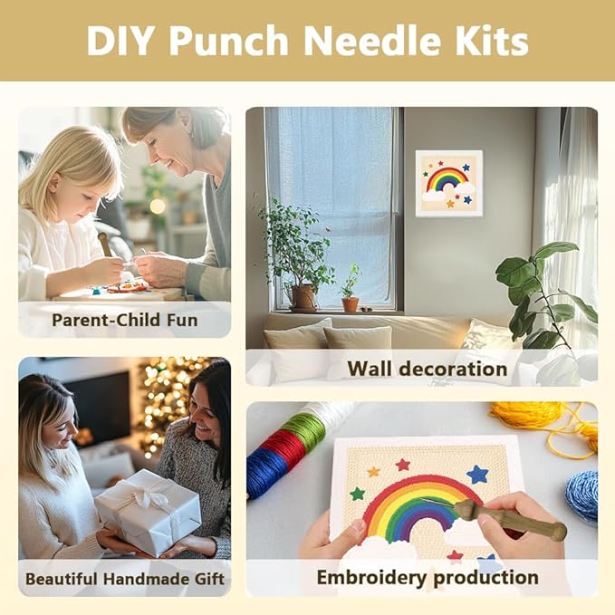 Doodlream Rainbow Star DIY Punch Needle Embroidery Kit for Adult Beginner, 9.4" Rainbow Punch Stitching Craft Set for Starter with Frame, Fabric Pattern, Threader, Yarn, Pinch Needle