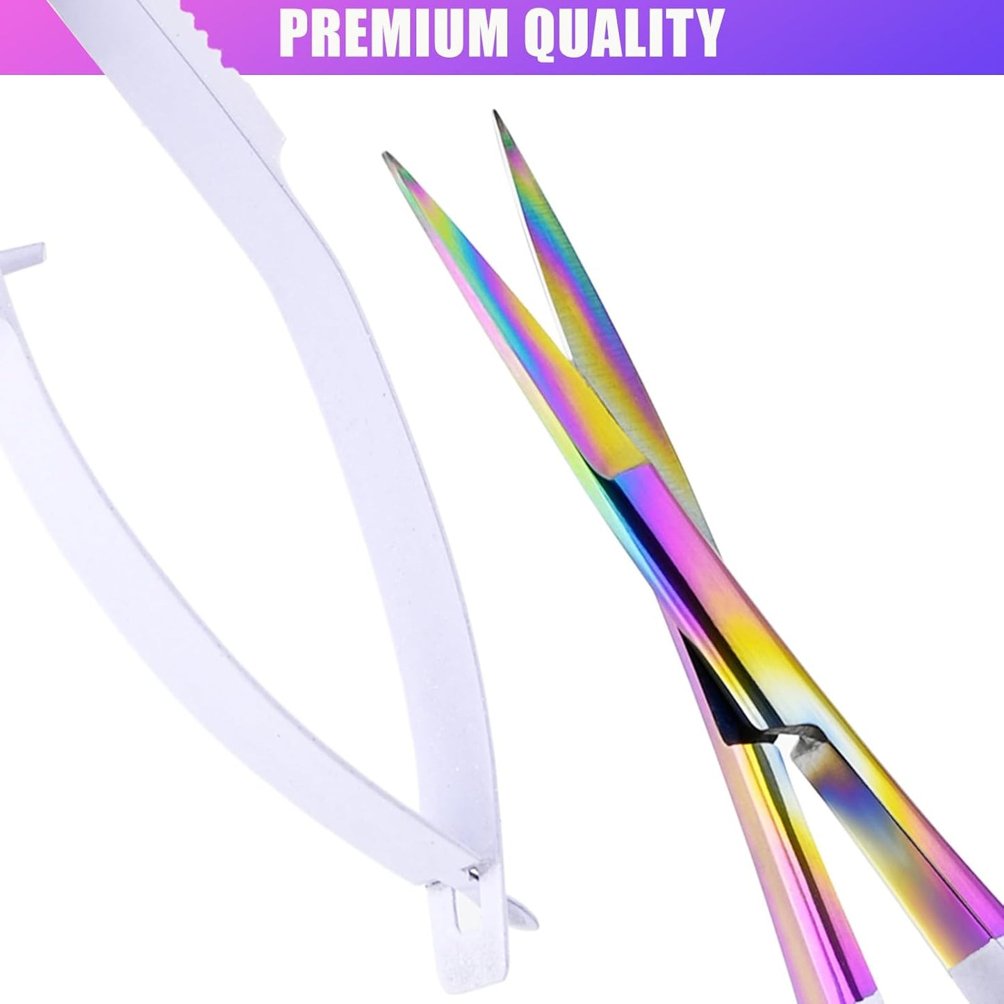 Cross Edge Spring Scissors 5 Inch straight Stainless-Steel Precision Eyebrow & Eyelash Shaping Trimming Scissor, Squeeze, Embroidery, Knitting Micro Tip Craft Scissors (Rainbow Glitter White)