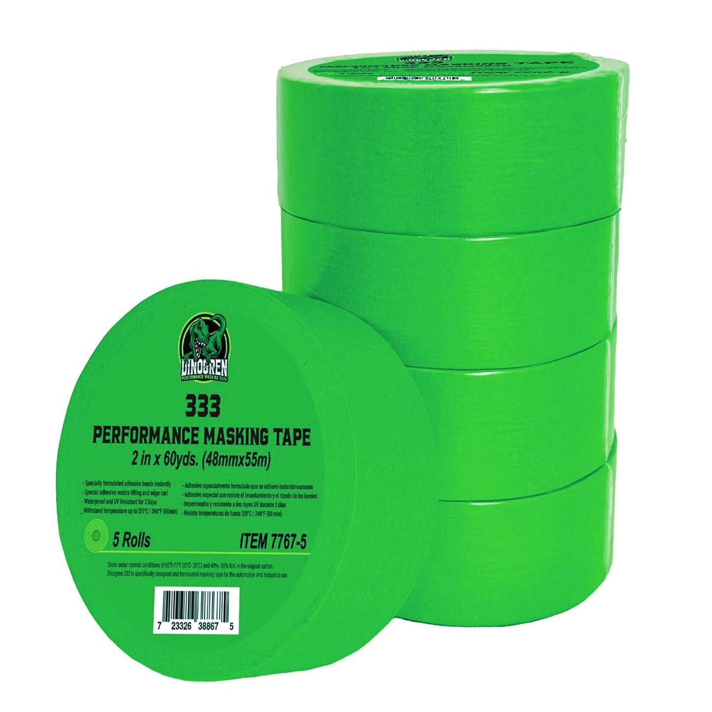 LAUCO DINOGREN High Performance Automotive Masking Tape – 2 Inch x 60 Yards (5 Rolls) – Green Tape for Car Paint, Body Shop Use, Clean Removal, Heat & Water Resistant, Multi-Surface Crepe Backed