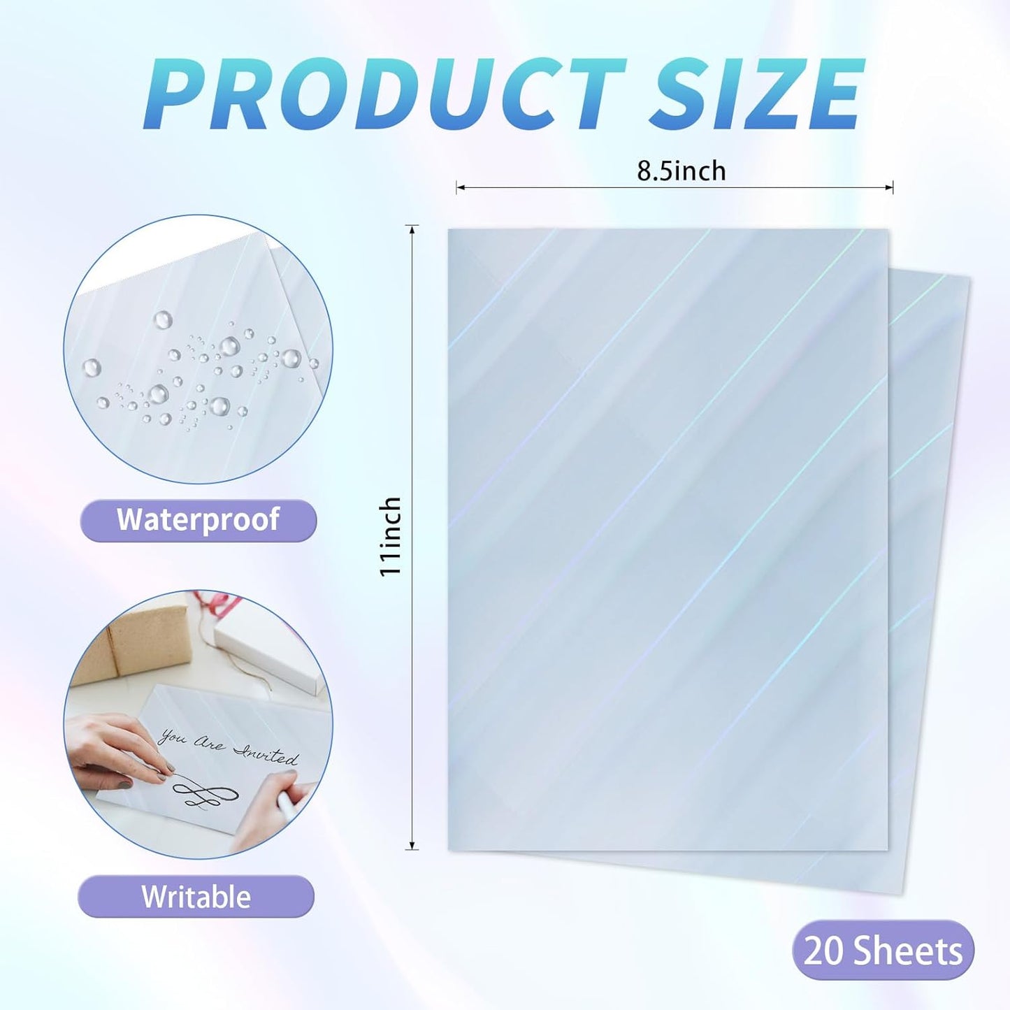 20 Sheets Printable Holographic Sticker Paper,11 x 8.5 Inches Printable Waterproof Paper Rainbow Vinyl Sticker Paper for Inkjet or Laser Printer（Laser oblique light column）