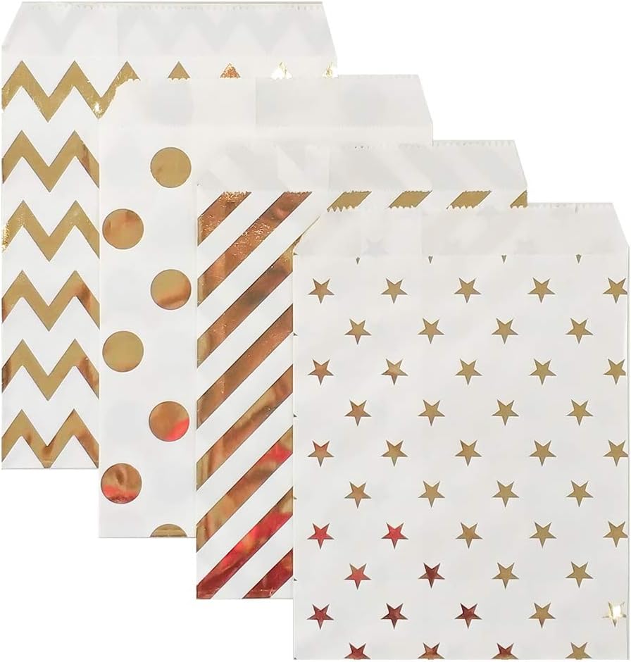 KEYYOOMY 100 Pcs Bright Gold Candy Buffet Bags Small Cookie Bag Polka Dot Paper Treat Bag for Wedding Birthday Party (5 inch x 7 inch)