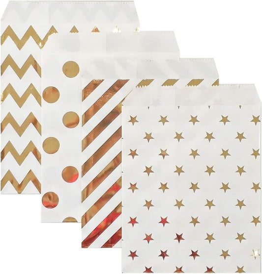 KEYYOOMY 100 Pcs Bright Gold Candy Buffet Bags Small Cookie Bag Polka Dot Paper Treat Bag for Wedding Birthday Party (5 inch x 7 inch)