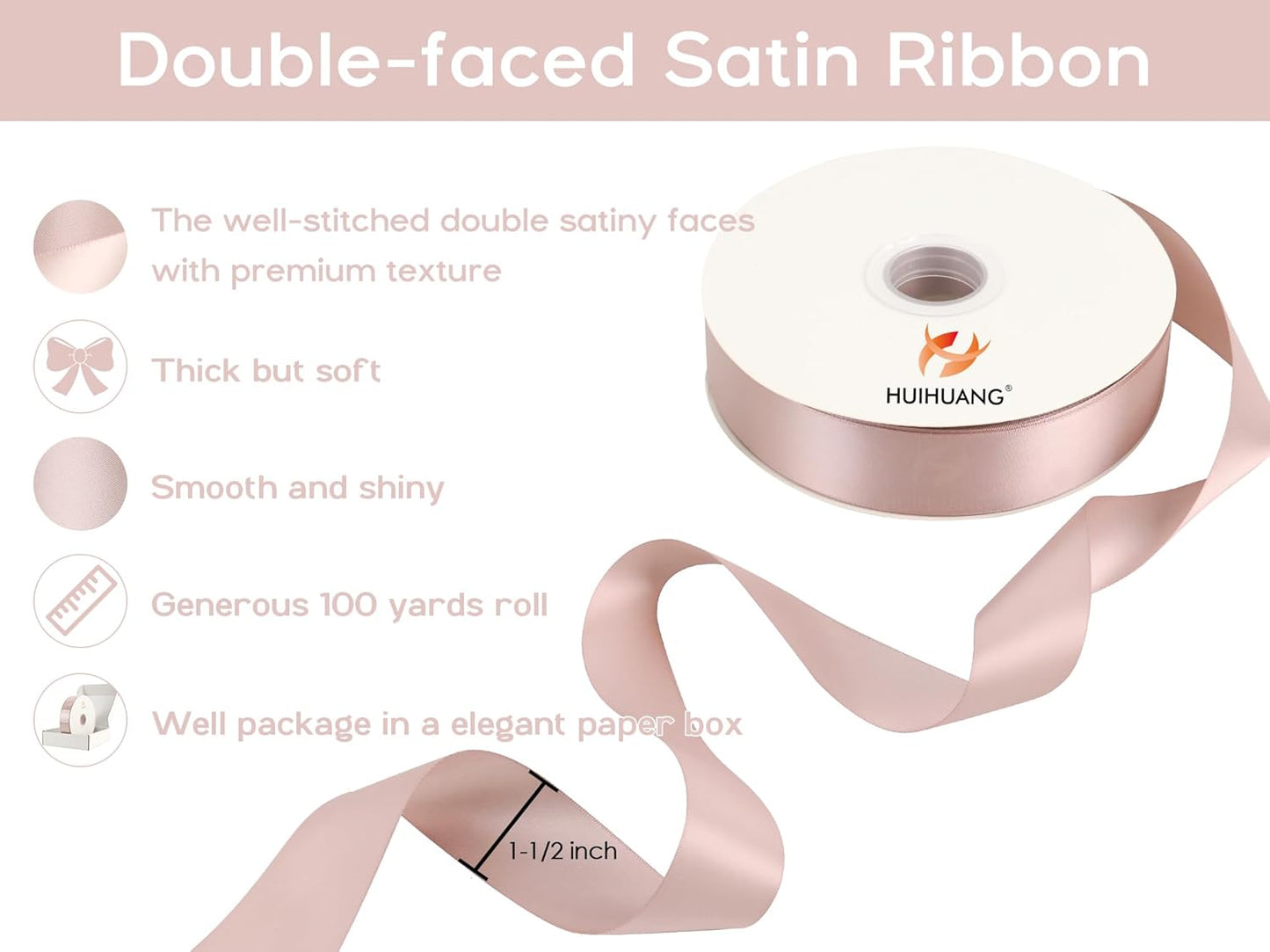 HUIHUANG Satin Ribbon 1-1/2 inch x 100 Yards Dusty Rose Double-Faced Satin Ribbon Dusty Pink Ribbons for Flower Bouquet, Gift Wrapping, Eternal Roses, DIY Crafts, Bridal Shower Wedding Decor