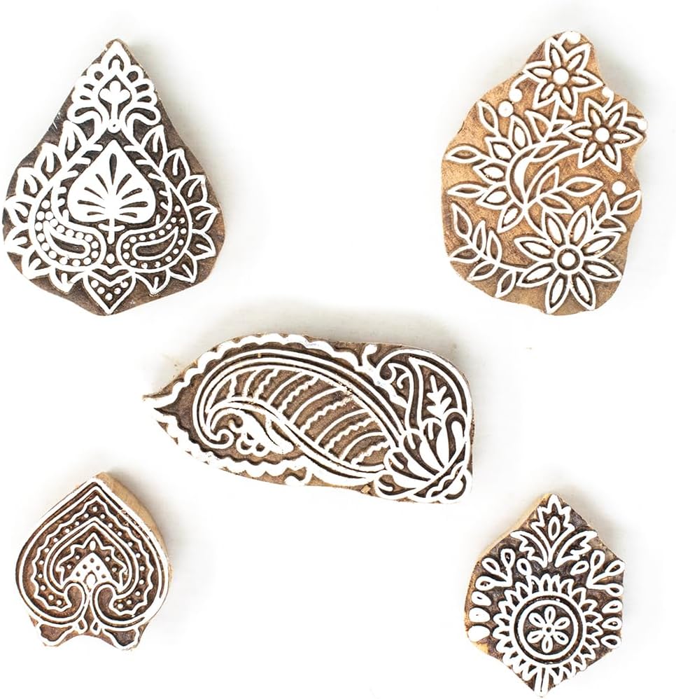 Hashcart Wooden Indian Traditional Design Printing Stamps/Blocks for Printing Saree Border/Dresses/Craft Card Making/Scrapbook/Clay Pottery (Set of 5)