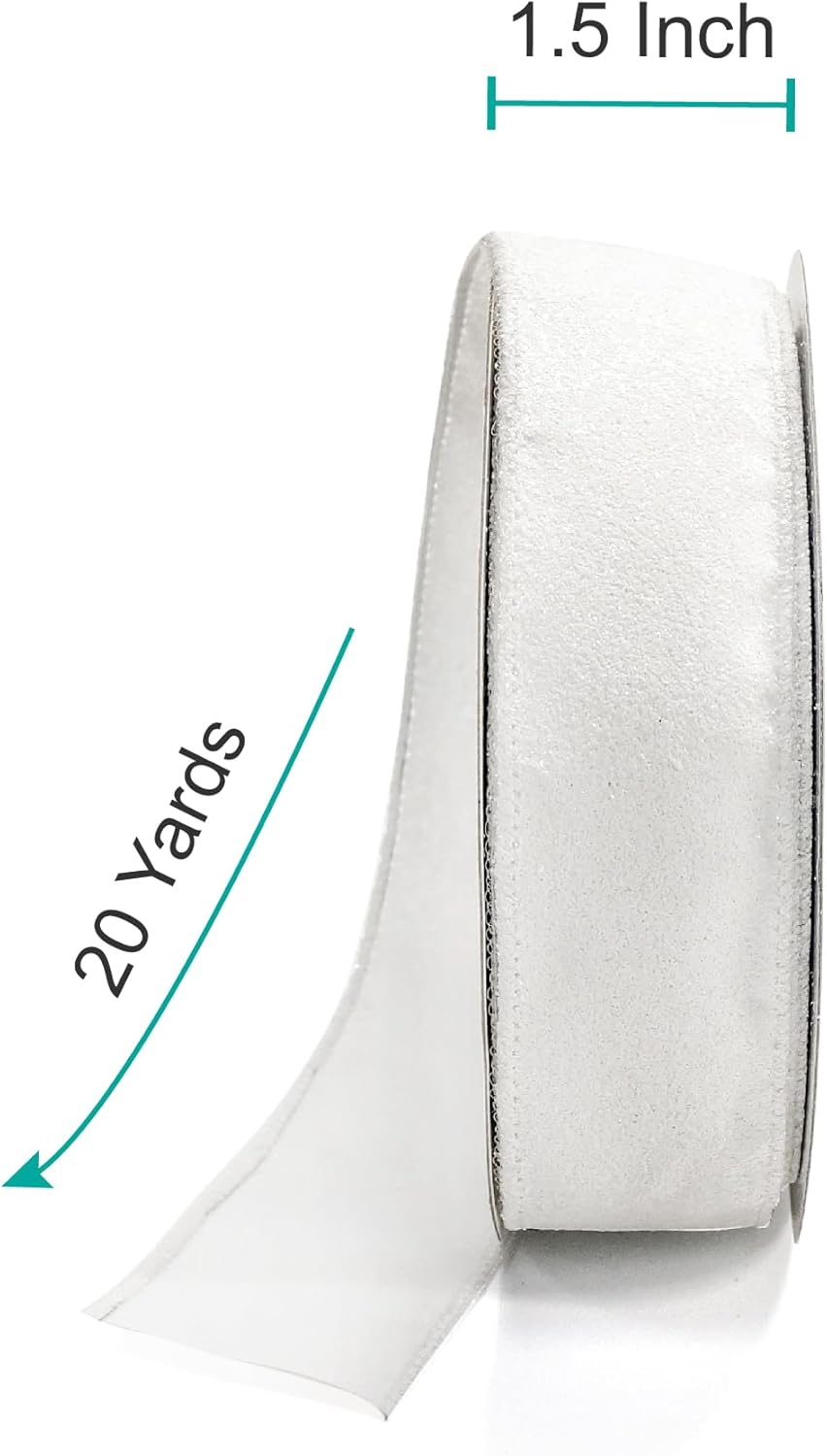 CT CRAFT LLC Glitter Wired Ribbon 1.5" x 20 Yards White for Christmas Home Decor Bow Gift Wrapping DIY Crafts Wreath