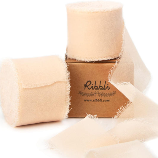 Ribbli Champagne Chiffon Ribbon 1-1/2 inch x 20 Yard Handmade Fringe Chiffon, Nude Silk Ribbon for Wedding Invitations, Bridal Bouquets Wrapping, Flower Arrangement Decoration
