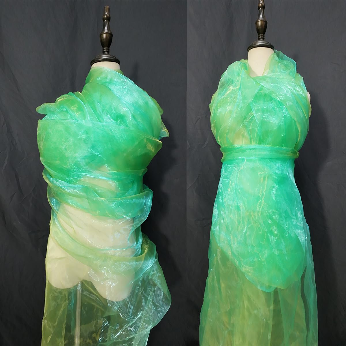 Two-Tone Iridescent Holographic Organza Fabric - 5.5 Yards by The Yard | Lightweight Sheer Tulle | for Wedding Dresses, Party Decor, DIY Crafts, Shiny Backdrops(Grass Green + hint of Yellow)