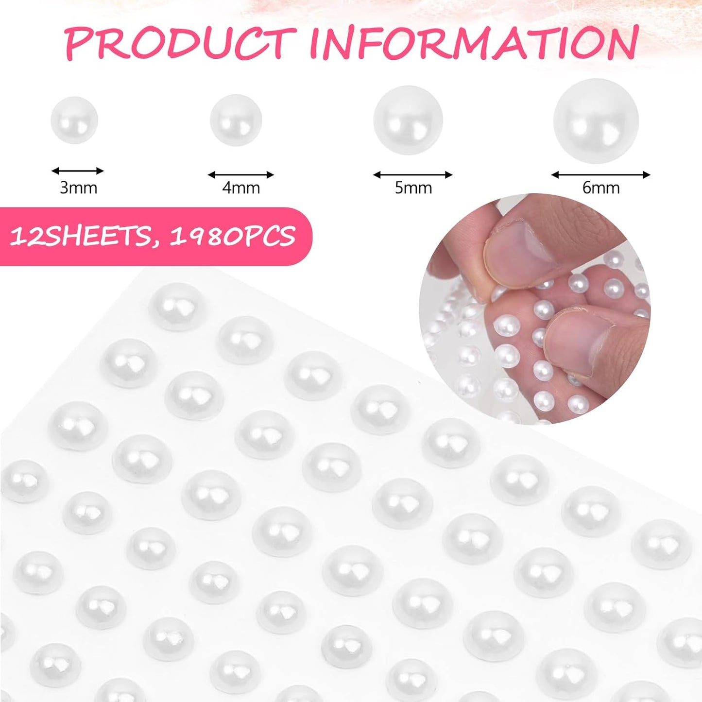 Buylorco 2000+pcs 12 Sheets Self Adhesive Pearl Stickers for Hair, Face, Makeup, Eye, Nail, Crafts, 3mm, 4mm, 5mm, 6mm (White)