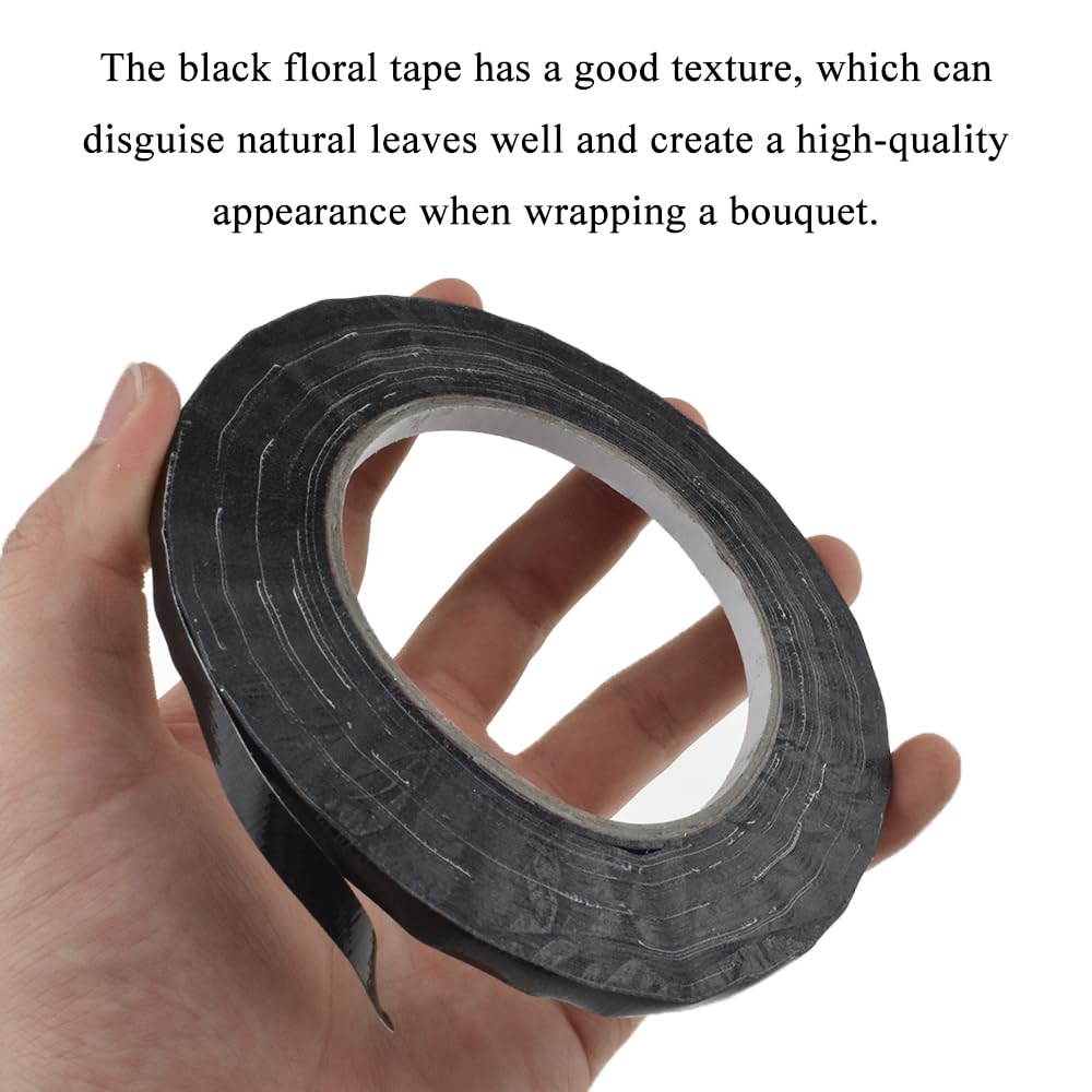 HAHIYO Black 0.25Inch Wide Floral Tape Waterproof Florist Tape Flower Wrap Adhesive Waterproof Decorative Tape for Bouquet Stem Wrapping Flower Arranging and Floral Craft, 2Rolls 200Feet/66Yard Total