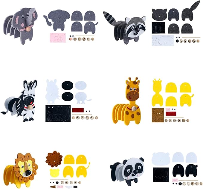 Animals Craft Kit - Educational Toys for Kids, Felt Craft Kit Including 6 Wild Friends, Elephant Zebra Panda Lion Raccoon Giraffe, DIY Activity Birthday Gifts for Boys & Girls Ages 3 4 5 6 and Up