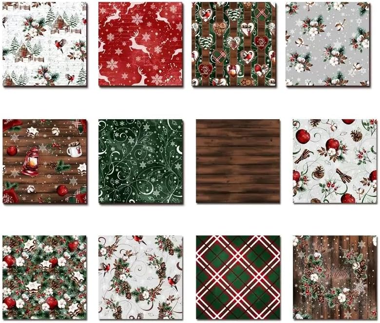Christmas Scrapbook Paper 12×12,Merry Christmas Tree Deer Patterned Paper,24 Sheets Double-Sided Wooden Scrapbooking CardStock Papers Pad for Holiday Cardmaking DIY Origami Papers.