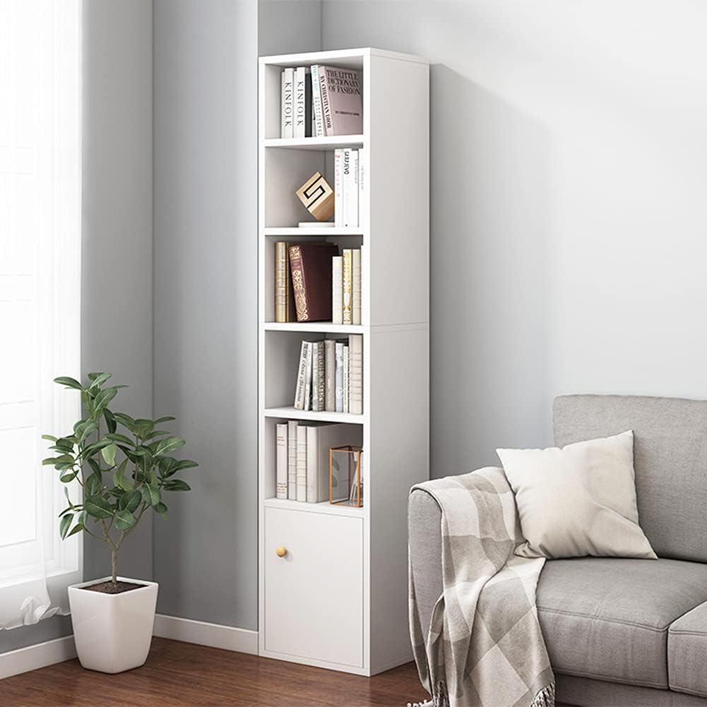 IOTXY Small Narrow Corner Bookcase - 59" Tall Free Standing Gap Storage Cabinet, 6 Lattices Open Shelves Tower Rack with Door, Cubes Bookshelf, White
