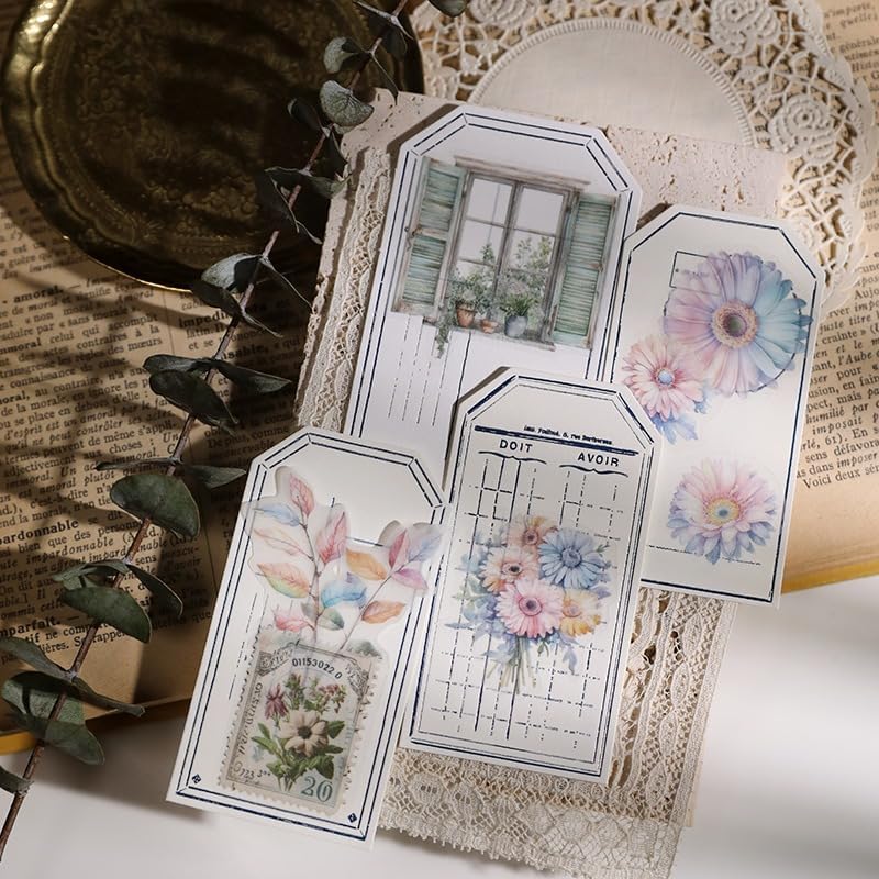 Vintage Vellum Stickers Floral Plants Elements Scrapbooking Supplies Flowers Botanic Natural Translucent Paper Self-Adhesive Junk-Journal Items (Spring Bouquet)