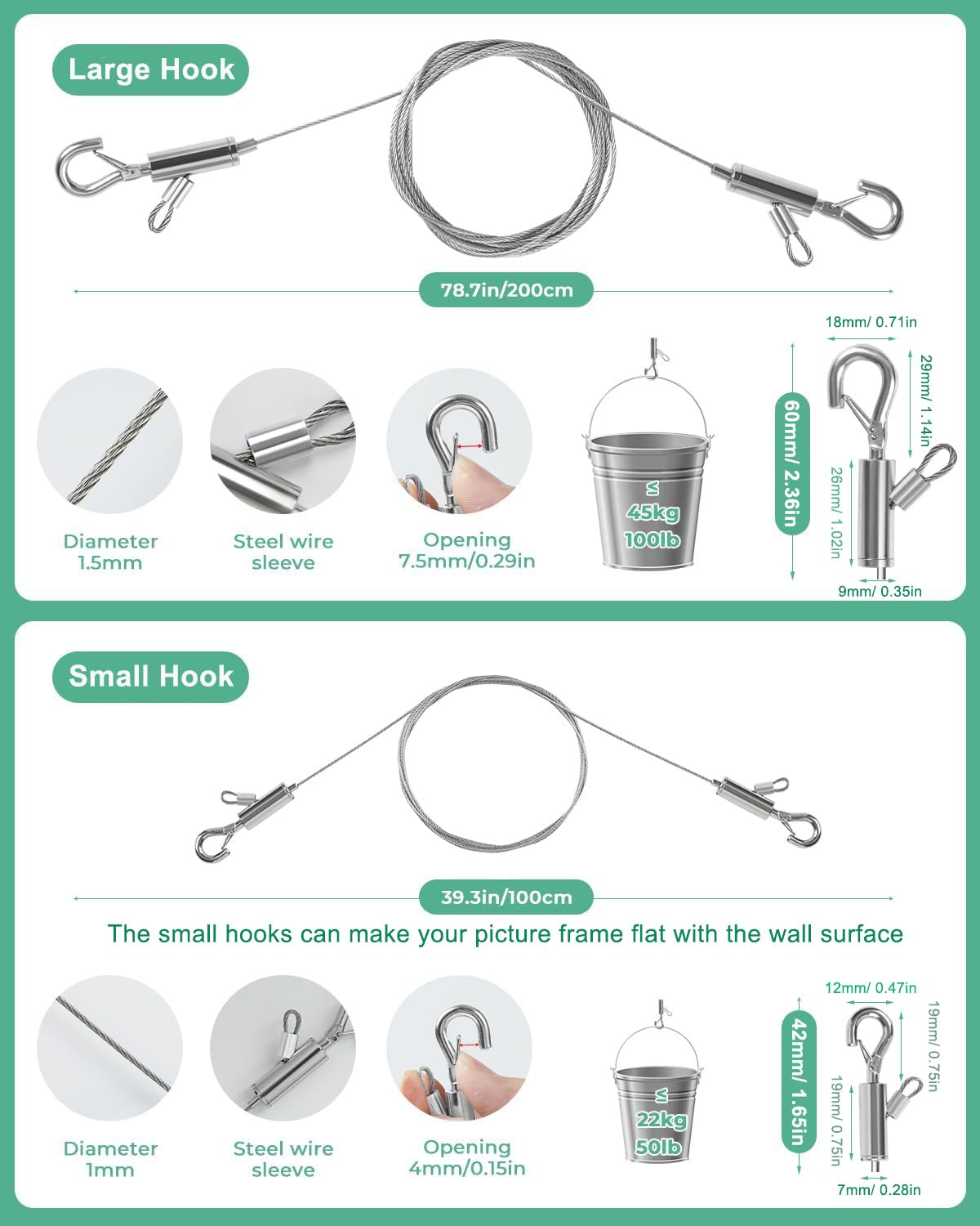 Adjustable Picture Hanging Wire, 2PCS 1m x 1mm Small Hooks + 2PCS 2m x 1.5mm Large Hooks Picture Frame Wire Kit Heavy Duty up to 100lbs, Stainless Steel for Mirror, Light, Flowerpot