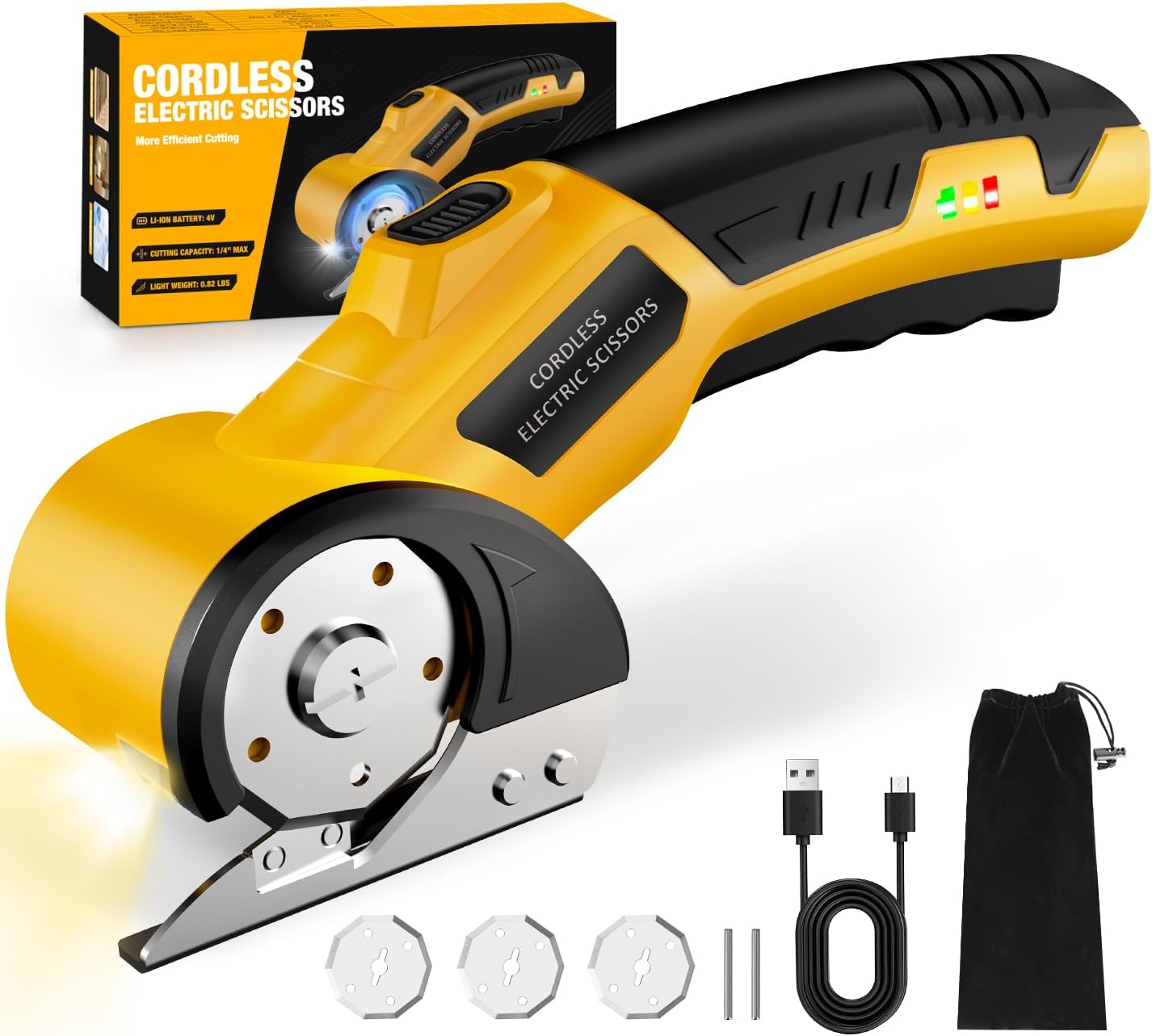 Cordless Electric Scissors: 4V Rechargeable Cardboard Cutter, 3 Blades, Safety Lock & LED Light, Box Cutter for Carton Carpet Plastic Fabric Leather(Yellow）