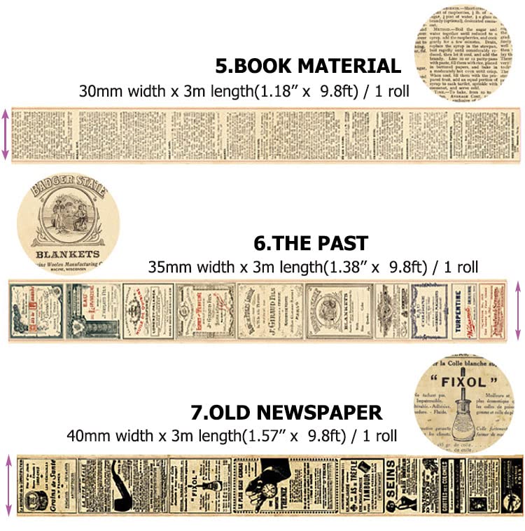 10 Rolls (Totally 98ft/30m) Vintage Washi Tape Set, Masking Tape Nostalgic Style Decor Sticker for DIY Craft Scrapbooking Bullet Journal Planner Gift Wrapping