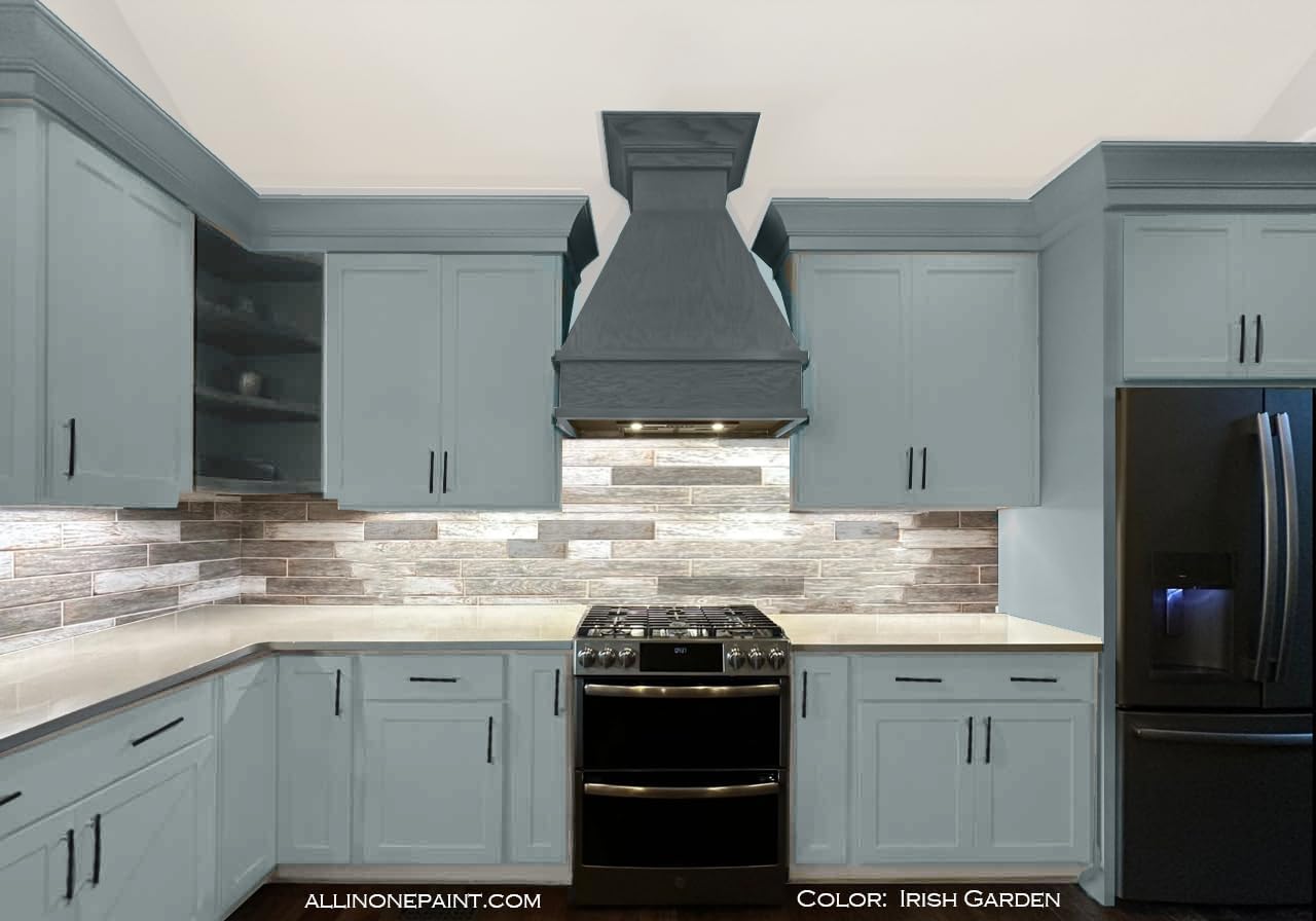 ALL-IN-ONE Paint, Durable cabinet and furniture paint. Built in primer and top coat, no sanding needed. Includes our 30 featured color card - Irish Garden (blue green), Quart