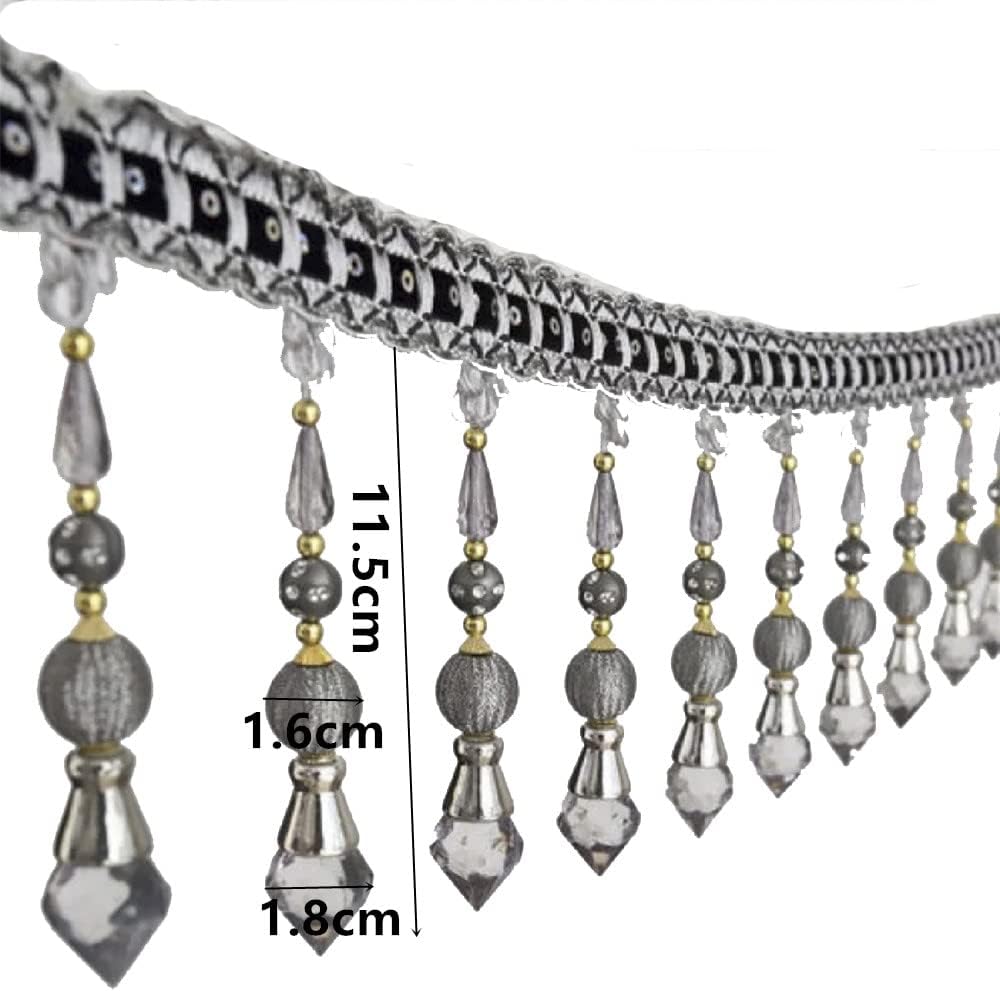 3yards Beading Fringe Trimming Long Beads Tassel Curtain Trim Ribbon Trim for Cover Edge Decorative (Gray)