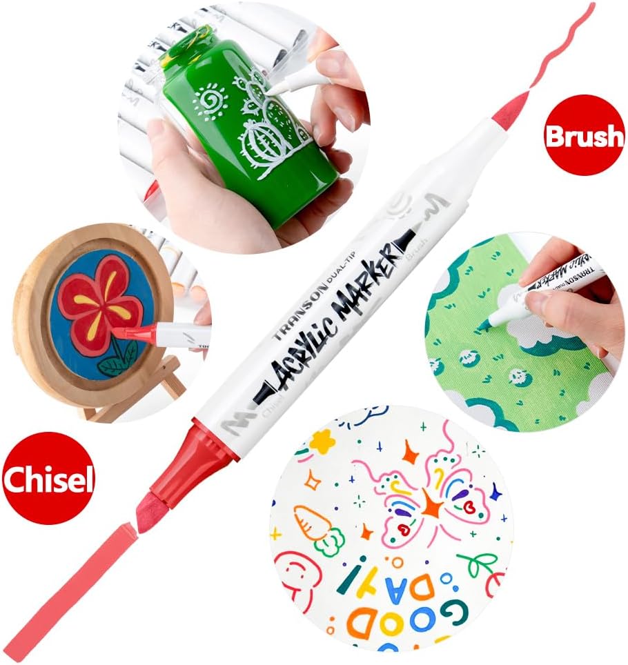 TRANSON 24 Colors Chisel and Brush Dual-tip Acrylic Paint Marker Pen Set for Canvas Rock Wood Leather Ceramic DIY Painting