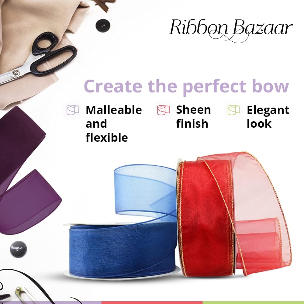 Ribbon Bazaar Sheer Organza Wired Ribbon - 100% Polyester Wire Edged Ribbon for Floral Decor, Table Arrangements, Apparel Embellishment & More - 1-1/2" Purple 25yd