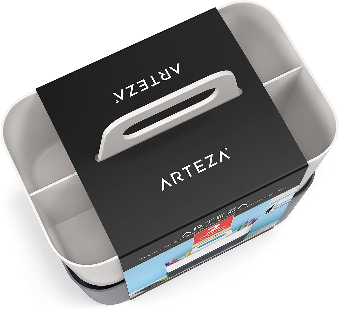 ARTEZA Storage Caddy Pack of 2, Gray and Ivory, 5-Compartment Plastic Caddy Organizer with Easy-to-Remove Divider Partition