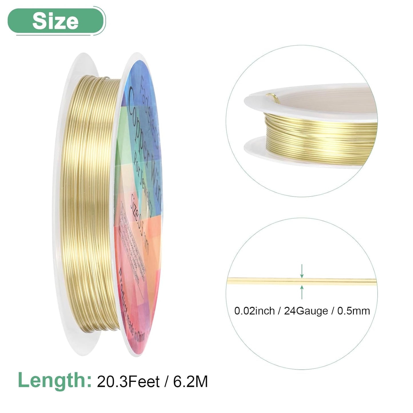 0.5 mm/24 Gauge Copper Wire for Jewelry Making, 20.3FT Copper Beading Craft Wire for Jewelry/Weaving/DIY Crafting/Planting, Color-Retaining [6.2M, Light Golden]
