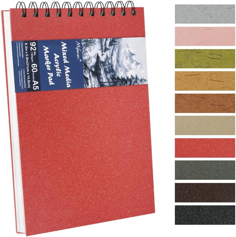 8.3x5.8 Sketch Book, Top Spiral Bound Sketch Pad, 60sheets 92lb/150gsm Bright White Paper, Acid-Free Mixed Media Paper for Painting, Dawing & Art Supplies. B-Red