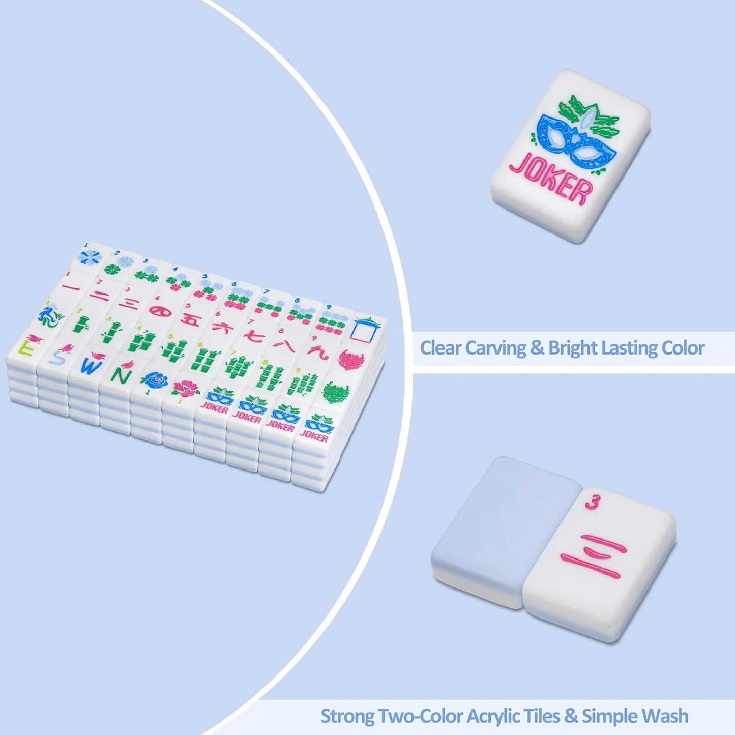American Mahjong Tile Set with Carrying Bag and Accessories, 160 Acrylic Engraved Mahjong Tiles(Light Blue