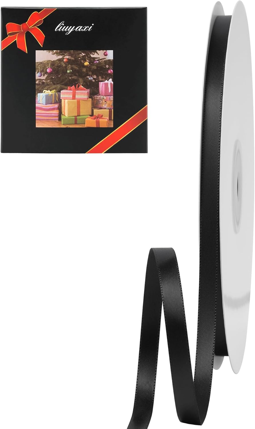 LIUYAXI Black Double Faced Satin Ribbon, 1/4" X Continuous 50 Yards, Thin Ribbons Perfect for Gift Wrapping Wedding Invitation Card Hair Bows Tag Floral Arrangement DIY Craft