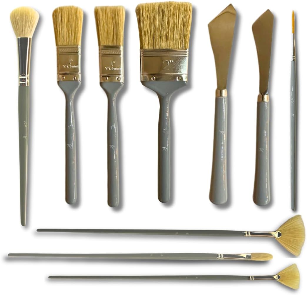10 Piece Landscape Brush Set, for Wet on Wet Painting: 2 Inch, 1 Inch, 1 Inch Oval, 4 & 6 Fan, Filbert, 2 Palette Knives, Liner, Mop Blender - Adam Lashley