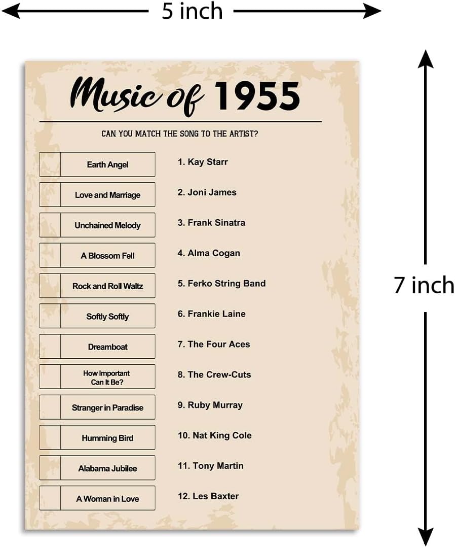 QUPT 70th Birthday Party Games, Music of 1955 Games, Birthday Party Supplies for Adults, Fun 1955s Party Game, Pack of 30 Cards