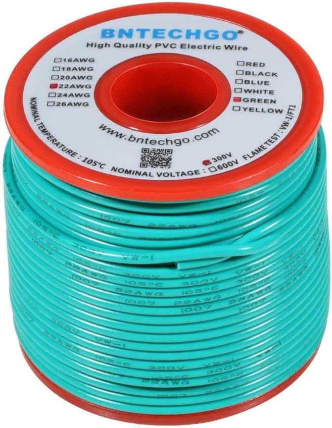 BNTECHGO 22 Gauge PVC 1007 Solid Electric Wire Green 100 ft 22 AWG 1007 Hook Up Tinned Copper Wire