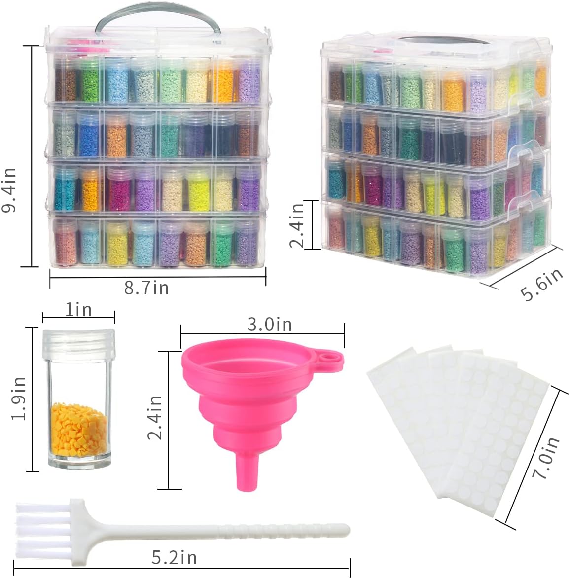 Douorgan 4-Tier Diamond Painting Storage Containers Portable Bead Organizer and Storage Box Stackable Arts & Crafts Organizers for Nail Charms Seed, 176 Round, Funnel, Stickers