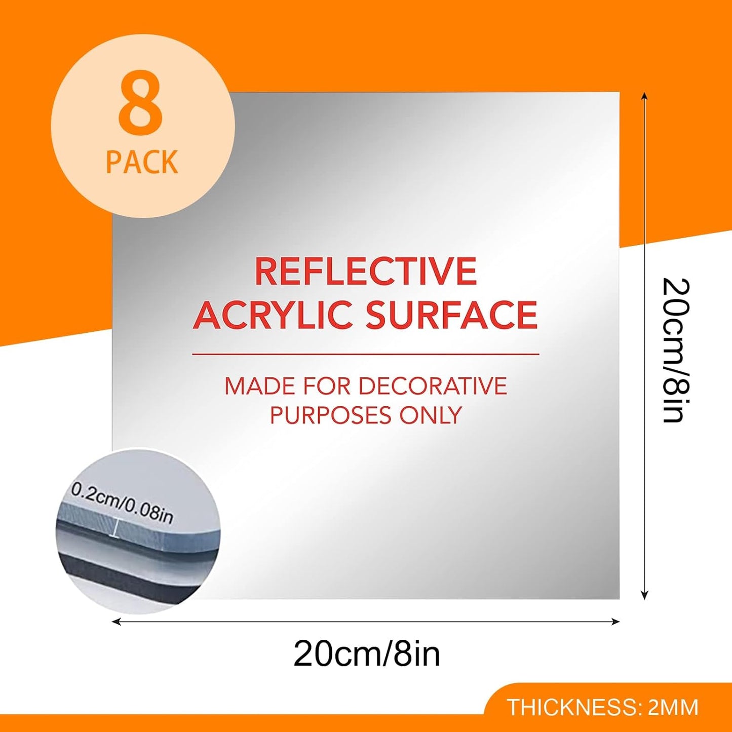 8PCS Self Adhesive Acrylic Mirror Tiles, Flexible Mirror Sheets Wall Stickers, Frameless Non-Glass Mirror Stickers Reflective Mirror for DIY Craft, Home Wall Decor (20 * 20cm,2mm)