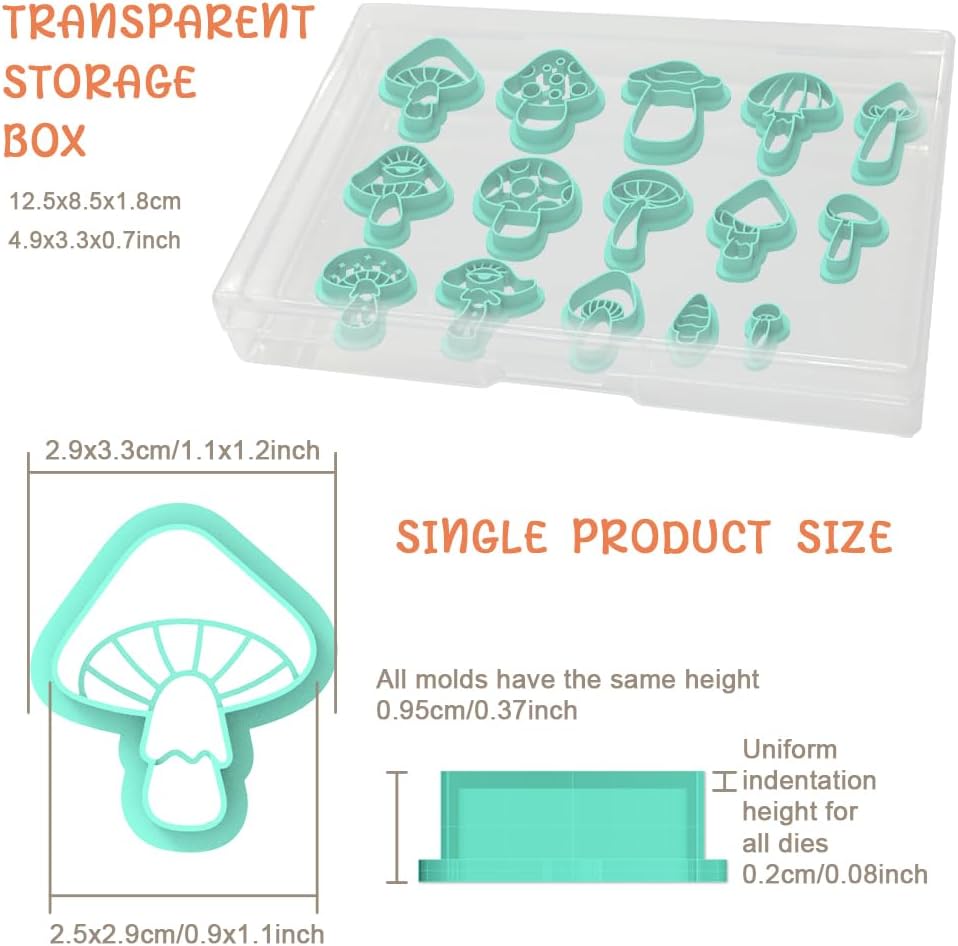 ACRNIGHEET Mushroom Clay Cutters - 15pcs 3D Clay Cutters for Polymer Clay, Clay Cutters Shapes Mushroom, Cookie Cutter, DIY Earring Making Tools with Storage Box