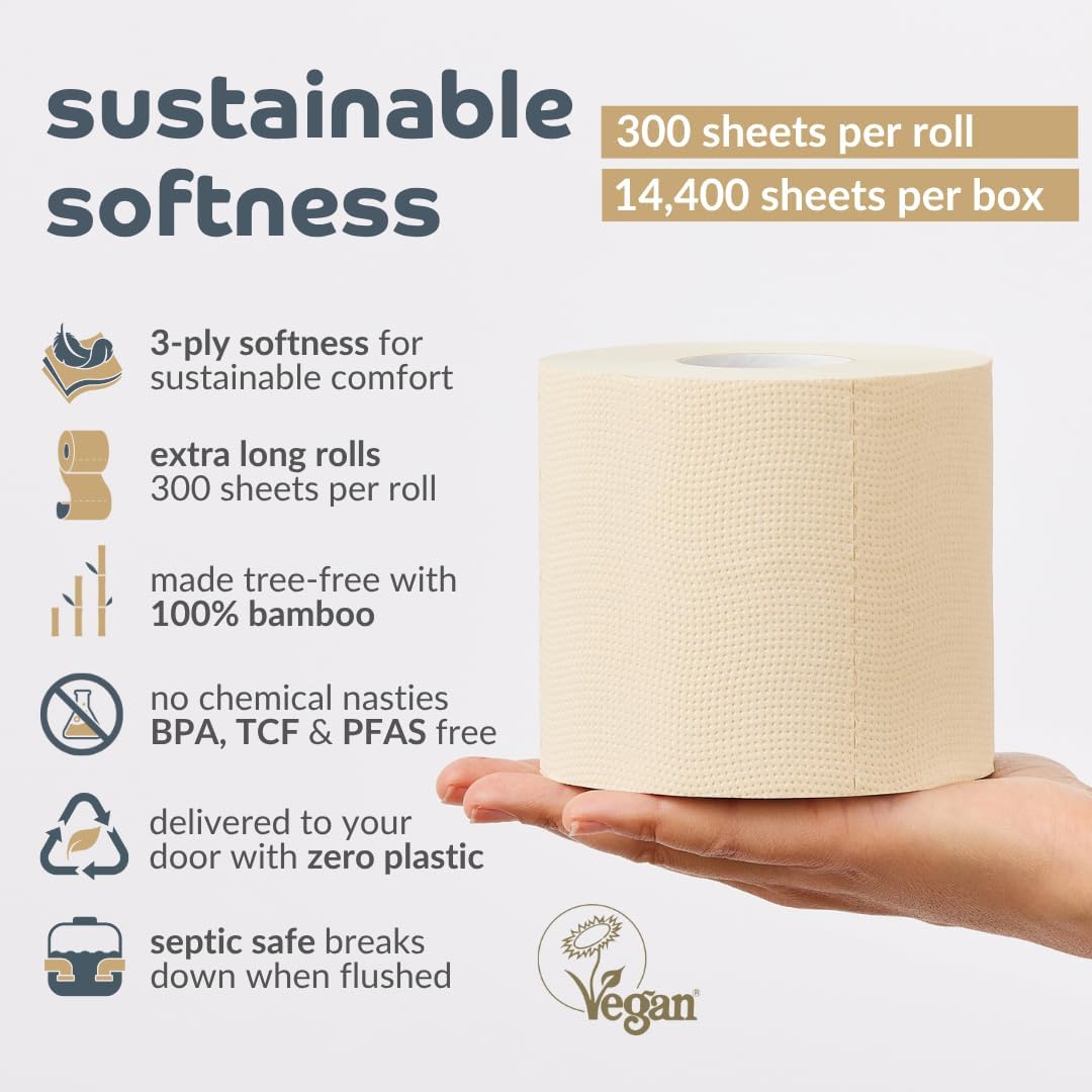 Bumboo Bamboo Toilet Roll 48 Pack | Unbleached Toilet Paper 3 ply, 300 Sheets | Eco Toilet Rolls Bulk Buy | Plastic-Free, Soft, Strong, Sustainable Loo Roll