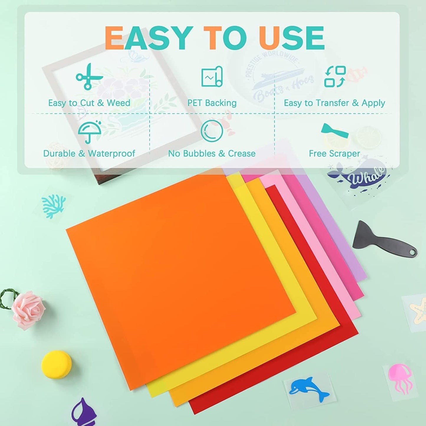 HTVRONT Permanent Vinyl for Cutting Machine - 80 Pack Permanent Adhesive Vinyl Sheets, 45 Assorted Colors Permanent Bundle, Silhouette, Cameo Cutters, Signs, Scrapbooking, Craft