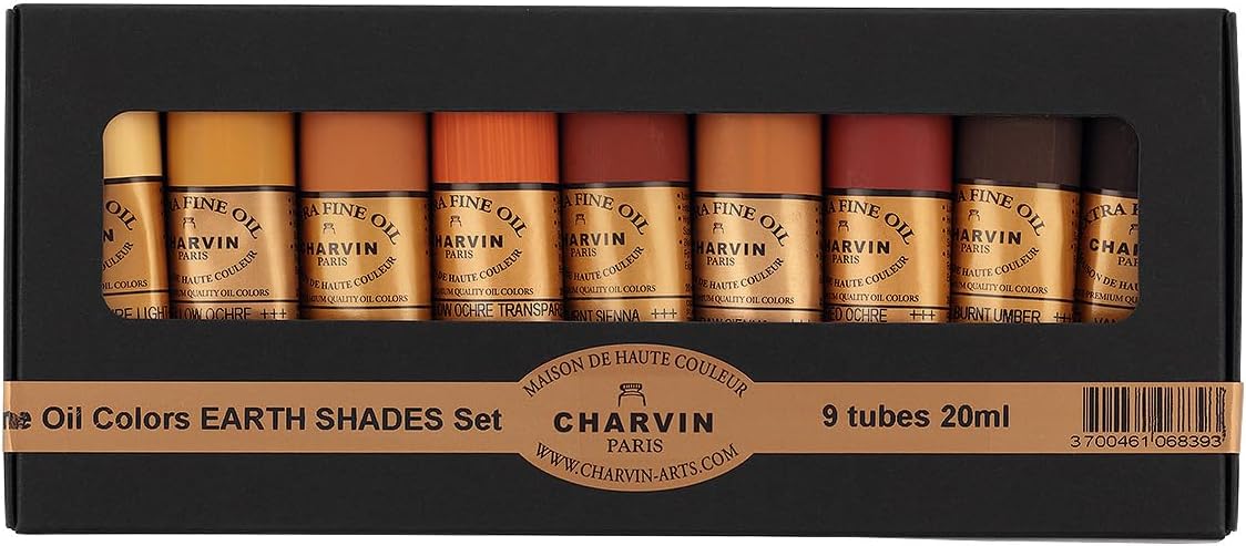 Charvin Extra Fine Professional Artist Oil Paint Set of 9 Earth Tones - 20ml - Triple-Milled for Smoothness, Rich Texture, Poppy Oil-Based, Light-Fast, Handmade Oil Color Paints for Professionals
