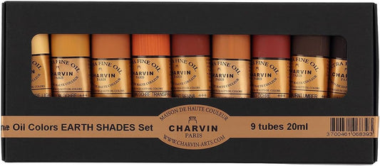 Charvin Extra Fine Professional Artist Oil Paint Set of 9 Earth Tones - 20ml - Triple-Milled for Smoothness, Rich Texture, Poppy Oil-Based, Light-Fast, Handmade Oil Color Paints for Professionals