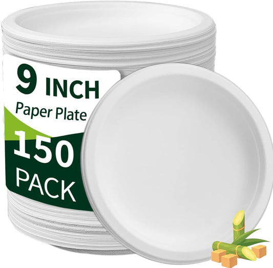 9 inch Plates Disposable Heavy Duty 150 Pack Leak Proof 100% Compostable Dinnerware Round White Paper Dishes Bagasse Made for Dessert, Parties, Wedding and BBQ (9 Inch)