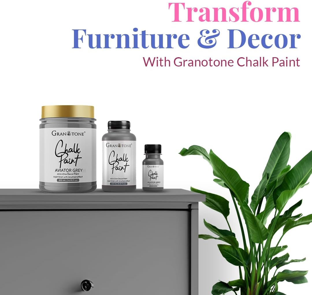 GRANOTONE Chalk Paint for Furniture | Matt-Finish Water-Based Acrylic Paint for Wood, Walls, Metal, Glass, Paper, Fabric Canvas | Maximum Coverage Chalk Paint for Kids & Adults, 250 Ml (AVIATOR GREY)
