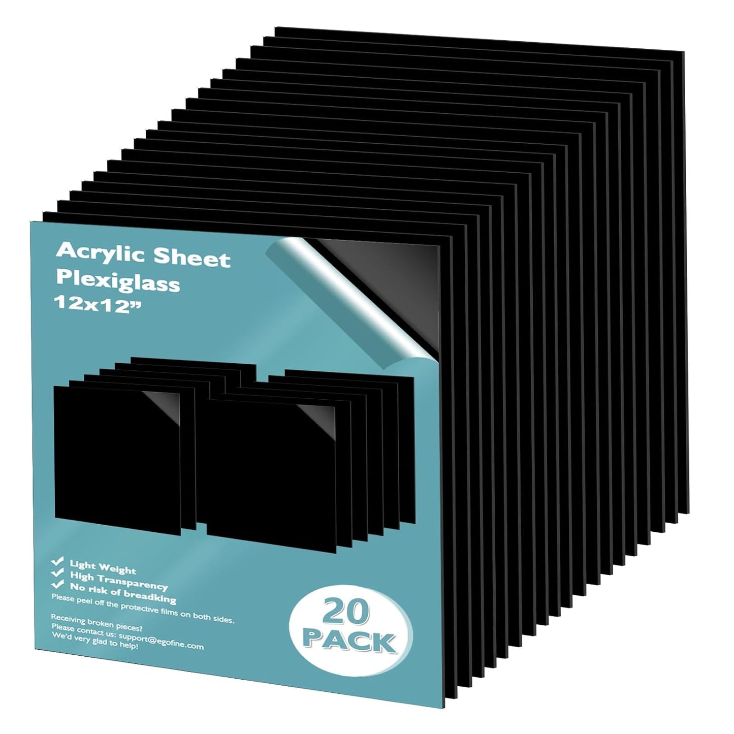 Egofine 12" x 12" Black Plexiglass Sheets 20 Pack 0.04 Inch Cast Acrylic Sheet Thick for DIY Craft Projects, Painting, Photography, Sign, Display Stand, Home Decor, Easy to Cut