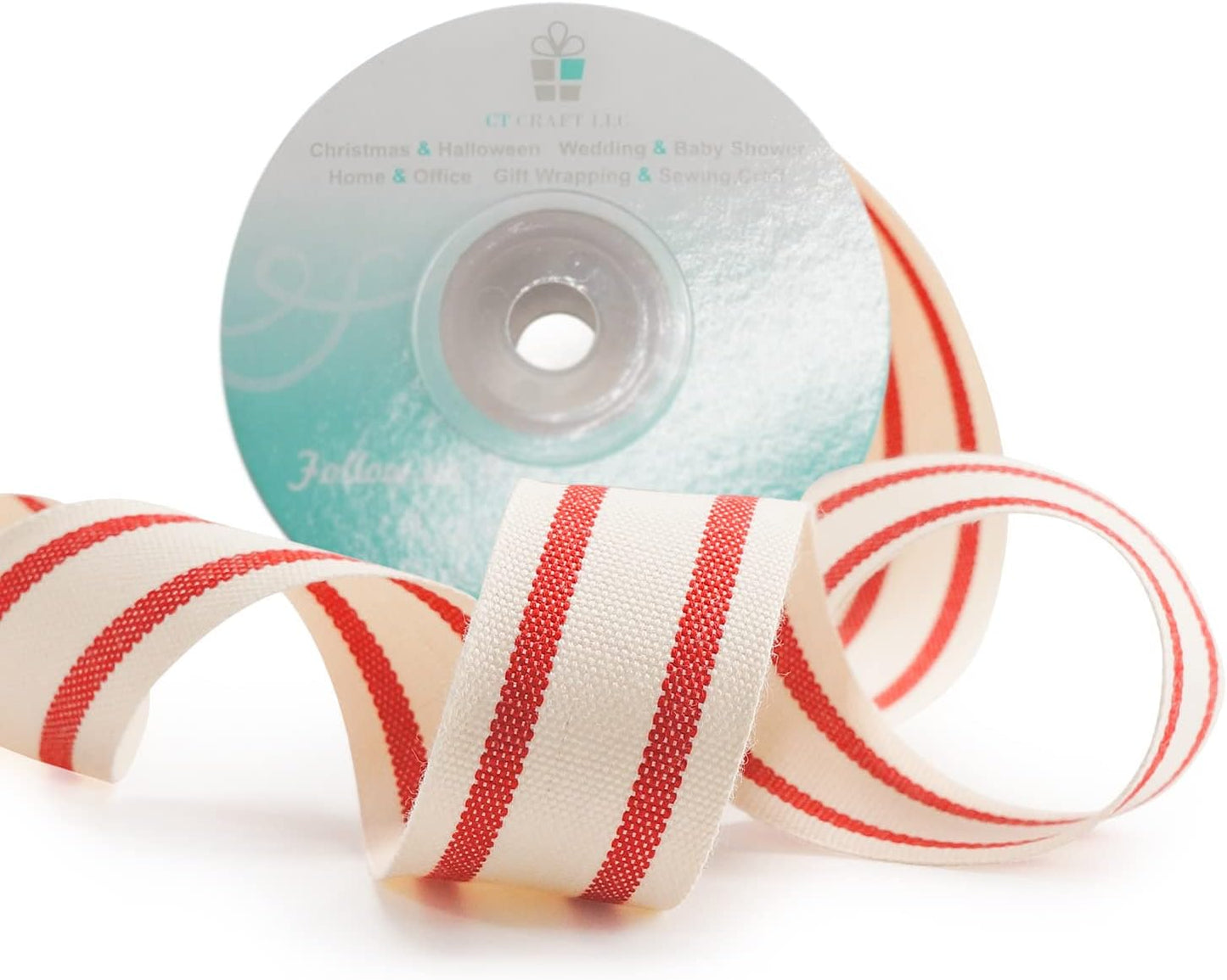 CT CRAFT LLC Ivory Cotton Red Stripes Ribbon 1" x 10 Yards for Home Décor Gift Present Wrapping DIY Crafts Birthday Wedding Bouquet Christmas