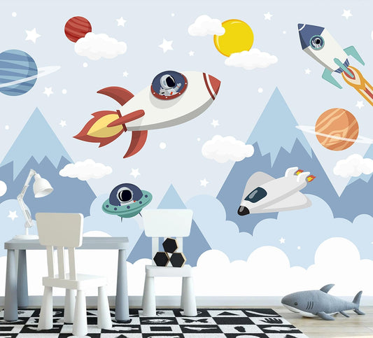 AFZEVEB-Space Mural Hand-Painted Cartoon Wallpaper for Kids Room 114"x74"(Not Peel and Stick)