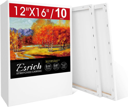 ESRICH Stretched Canvas for Painting 12x16 Inch, 10 Pack Blank Canvas -5/8 in Profile Primed Cotton White Canvases for Painting for Oil & Acrylic Paint