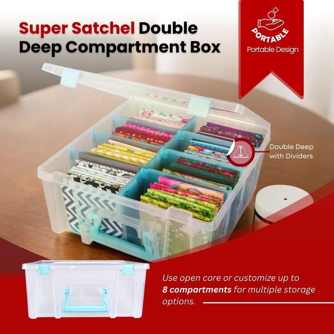 ArtBin 6990SA Super Satchel Double Deep Compartment Box - Art Storage with 8 Removable Compartments, Smart Closure for Craft Supplies (Clear & Aqua- Pack of 1)