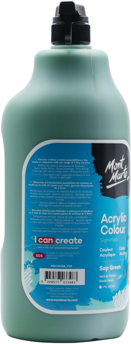 Mont Marte Discovery School Acrylic, Sap Green, 1/2 Gallon (2 Liter). Ideal for Students and Artists. Excellent Coverage and Fast Drying. Pump Lid Included.